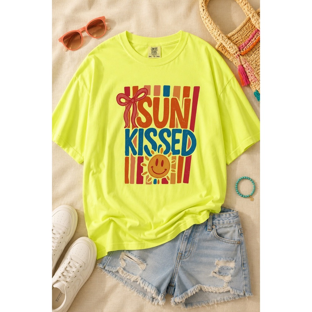 NEW Comfort Colors Sun Kissed Smiley Face Neon Yellow Graphic T-Shirt 2XL Tee